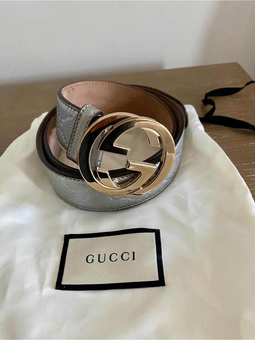 Gucci Silver Leather Belt with Gold GG Buckle